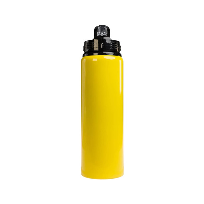 A drink bottle featuring a vibrant yellow exterior and a flip straw lid design. The bottle has a capacity of 750ml.