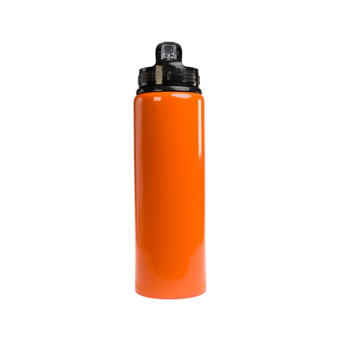 An orange drink bottle featuring a flip straw lid and a black top, with a logo on the lid.