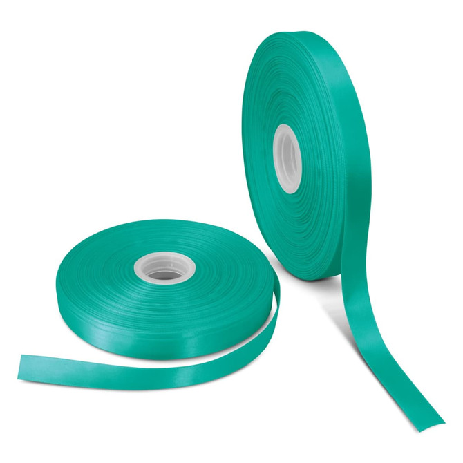 Two rolls of personalised ribbon in vibrant teal, showcasing a smooth, glossy finish with a central core.