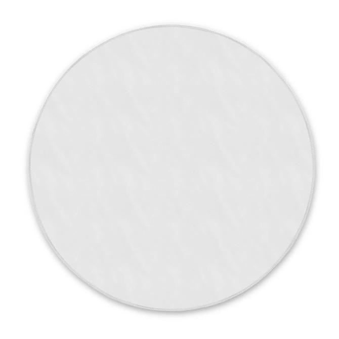 A round, white beach towel with a smooth texture, featuring a logo at the edge.