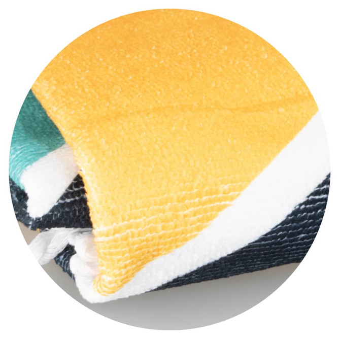 A vibrant mandala beach towel featuring yellow, teal, and black hues with a textured surface. Includes a logo.