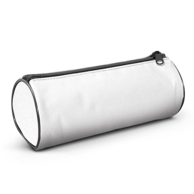 A cylindrical pencil case in white with a black zipper, featuring a logo on the side.