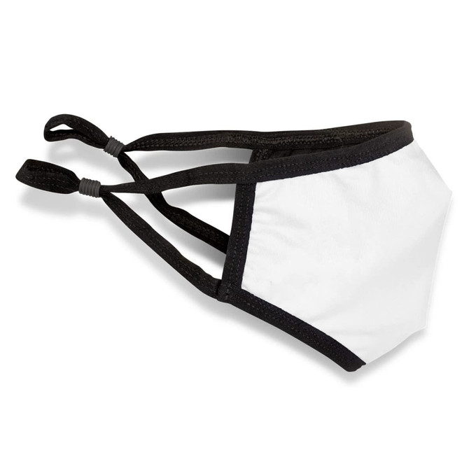A white reusable face mask with black straps and a logo on the side.