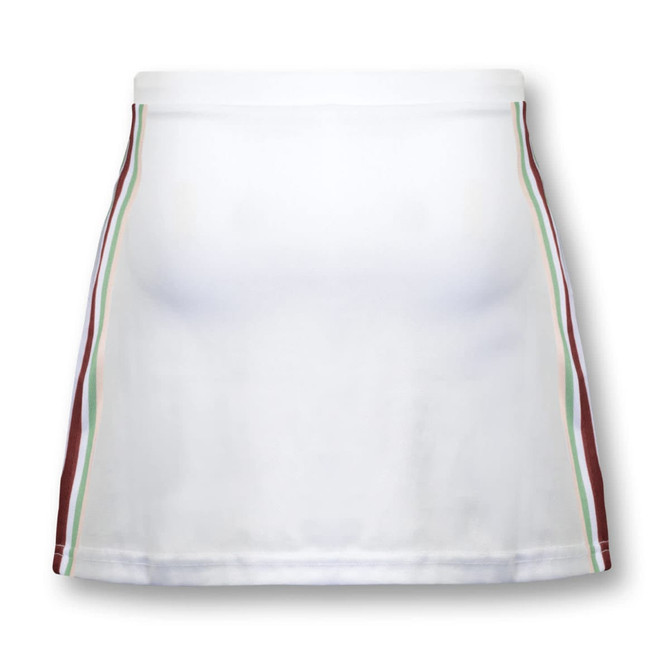 A white women's tennis skirt featuring coloured stripes on the sides and a logo.