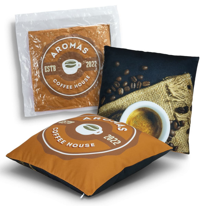 A decorative cushion featuring a coffee design, with brown and black colours, and a logo branding.