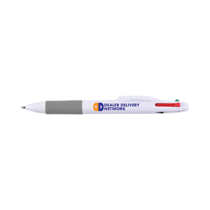 A plastic pen in white with gray grip and three ink colors: red, blue, and green. Features a logo.