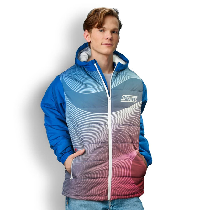 A man in a blue and gradient red custom puffer jacket with a hood, featuring a logo on the front.