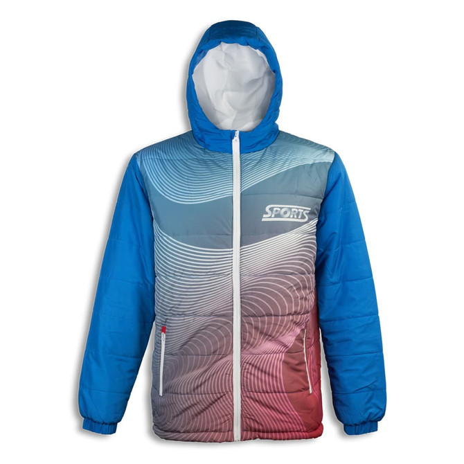A blue and grey puffer jacket featuring a wave pattern and a hood, with zipped pockets and a logo on the front.