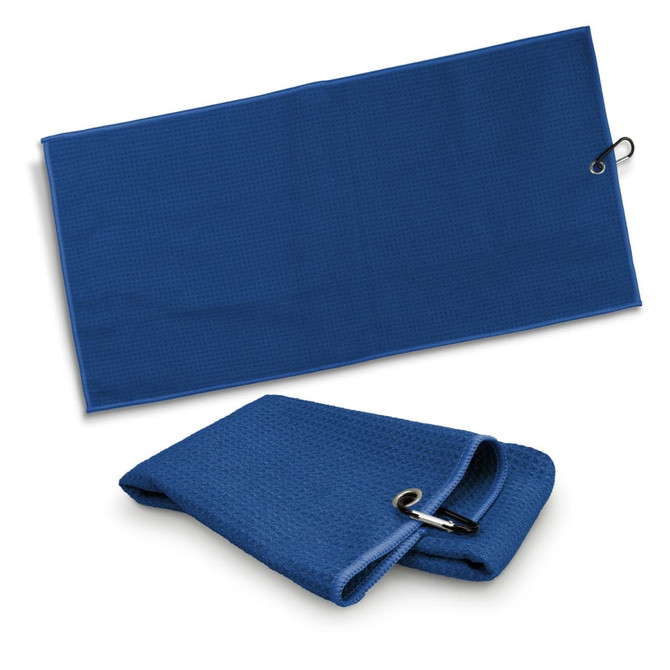 A blue waffle golf towel with a corner hook for easy attachment, displayed both flat and folded.
