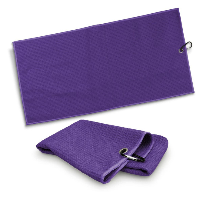 A purple waffle golf towel with a hook for attachment, displayed in both folded and unfolded positions.