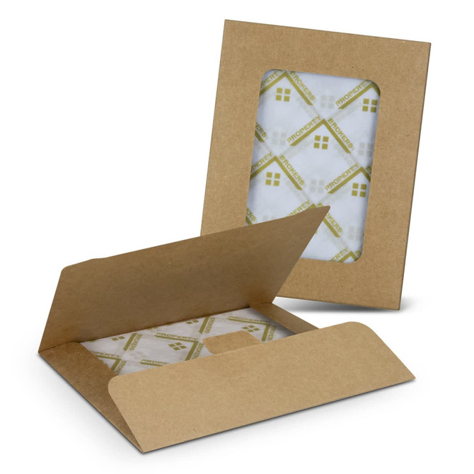 A white tissue paper set with an envelope, featuring a window and a brown kraft exterior.