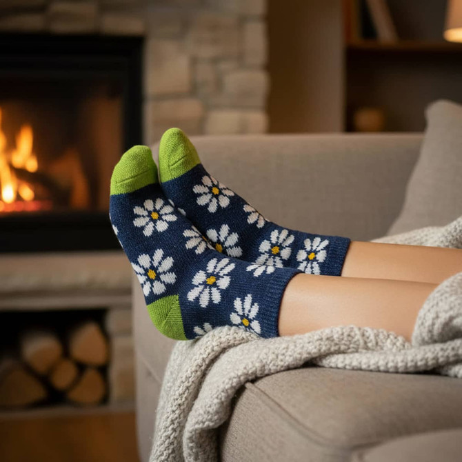 Cozy dark blue socks with white daisies and green accents, resting on a sofa near a fireplace.