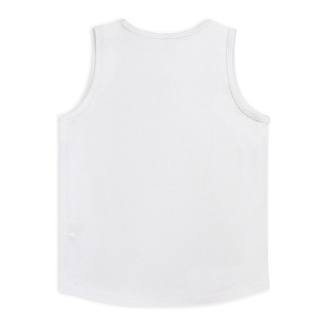 A white youth active tank top with a round neckline and a smooth, minimal design. It features branding on the label.