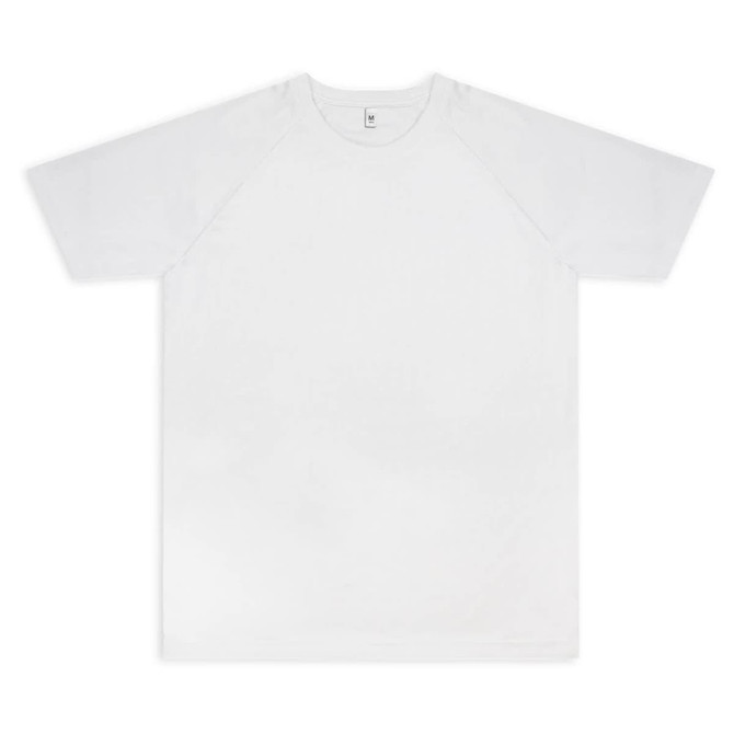 A custom men’s active t-shirt in white with short sleeves and a tag. It features a logo on the label.
