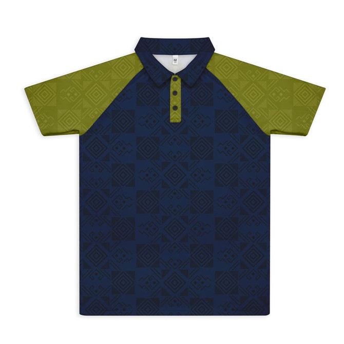 A custom men's active polo featuring a navy body with green patterned sleeves and a collared neckline.