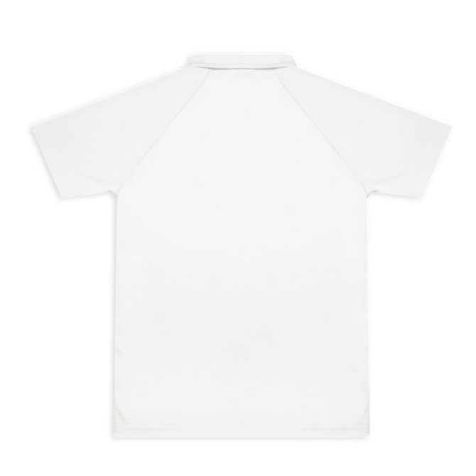 A white custom men's active polo shirt with a plain back and a collar. It features a logo.