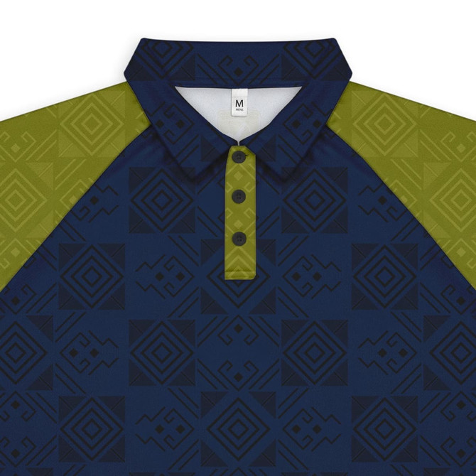 A custom men's active polo featuring a navy body with green patterned sleeves and a collar, complete with a logo.