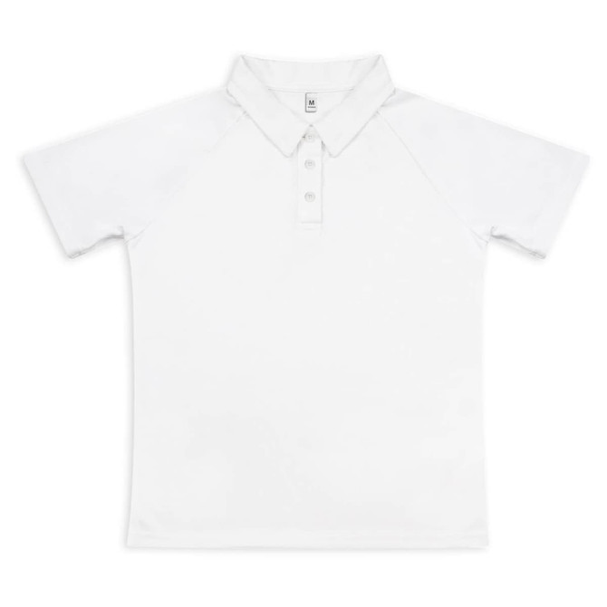 A white women's active polo shirt with a collar and button placket. It features a logo on the front.