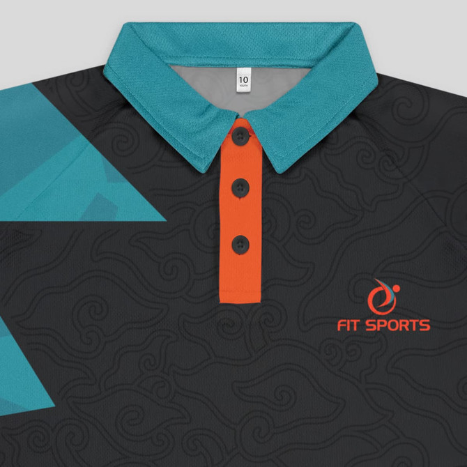 A black polo shirt featuring turquoise and orange accents, with a logo on the front.