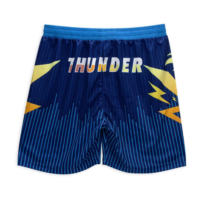 Active shorts in blue with a lightning design and a bold 'THUNDER' graphic. Features a logo on the waistband.