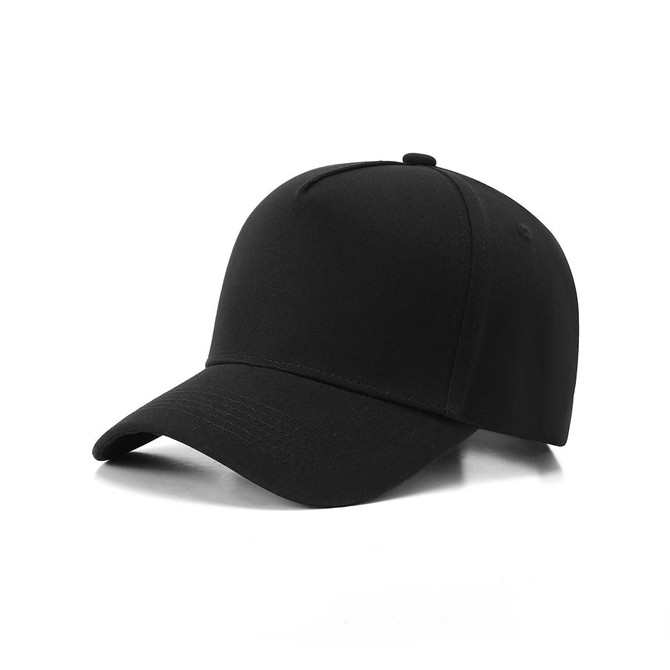 A black five-panel cap made from 280gsm 100% cotton drill, featuring a logo on the front.