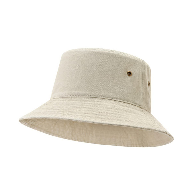 A beige bucket hat made from 280gsm 100% cotton drill, featuring a logo and a structured brim.