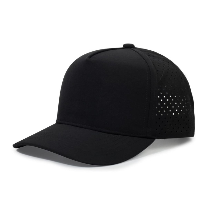 A black 5-panel sports mesh cap with a curved brim and ventilated mesh sides, featuring a logo.