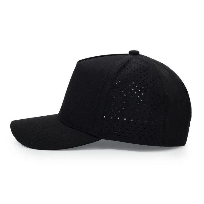 A black five-panel sports mesh cap featuring a perforated design on the sides and a curved brim.