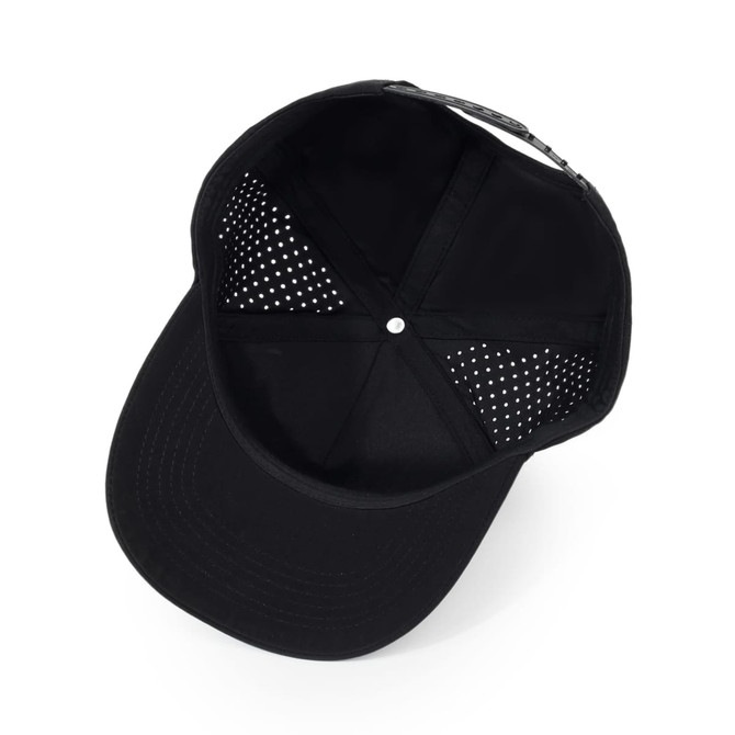 A black 5 panel sports mesh cap featuring a dotted inner lining and a button at the top, with a logo on the side.