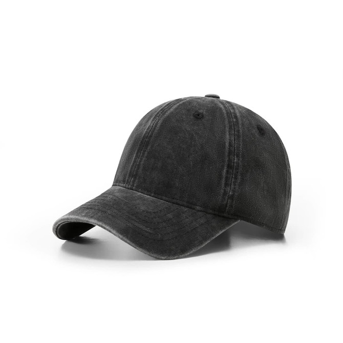 A black unstructured cap made from 280GSM cotton drill, featuring stitching details and a curved brim.