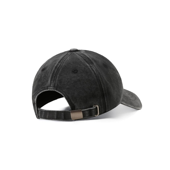 A black, washed cotton cap with an unstructured design and adjustable strap at the back, featuring a logo.