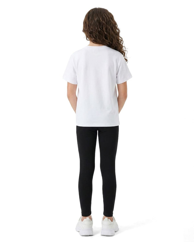 Kids' leggings in black paired with a white t-shirt, viewed from the back. The outfit features a logo on the shirt.