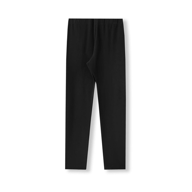 Black kids' leggings with a simple design and an elastic waistband, featuring a branding logo.