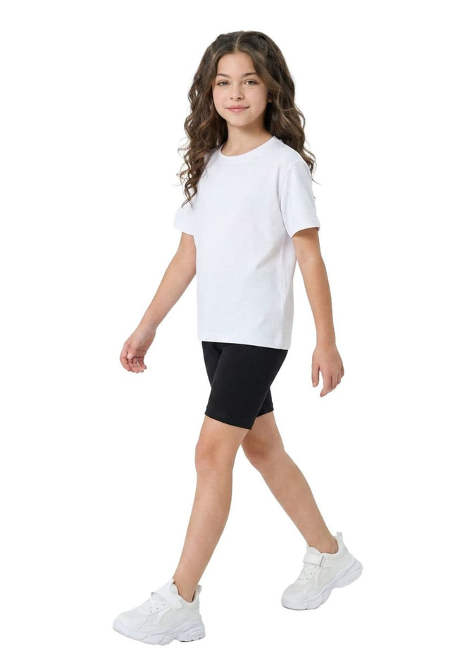 Black cotton spandex shorts paired with a plain white T-shirt, modelled by a girl. The outfit is completed with white sneakers.