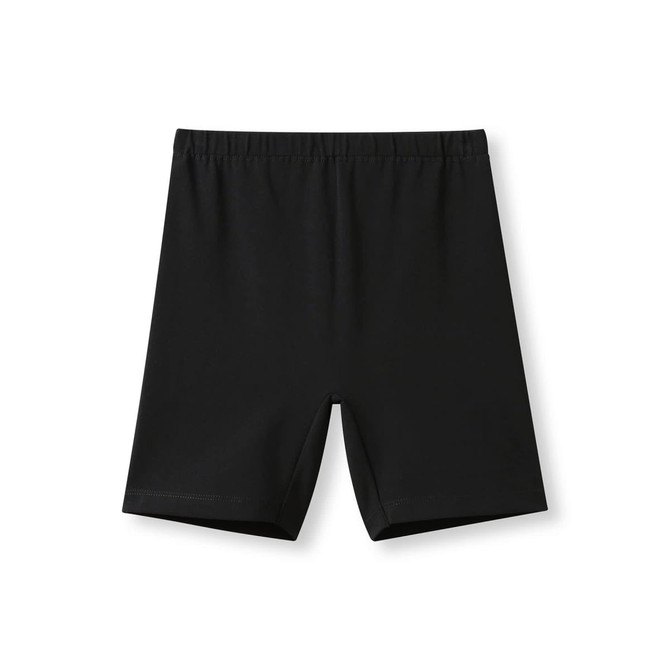 Black cotton spandex shorts with an elastic waistband, featuring a smooth, fitted design. Includes a logo.