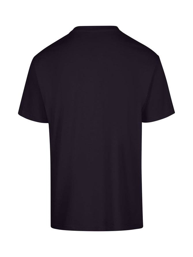 A black unisex loose T-shirt featuring a simple design and a logo on the back.