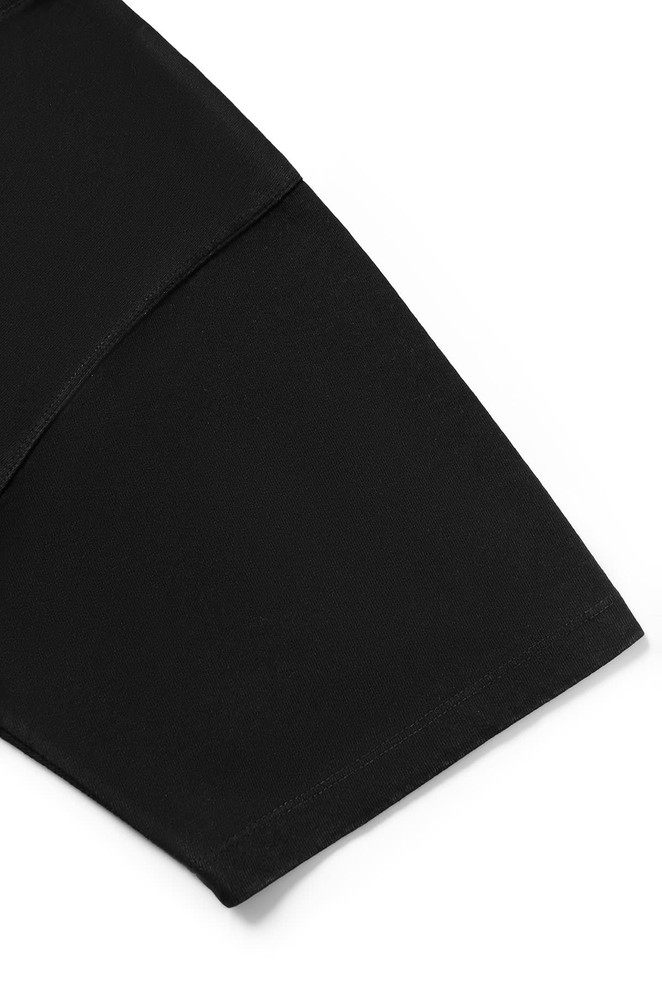 A black oversize T-shirt made from 230gsm 100% organic cotton, featuring a branding logo.