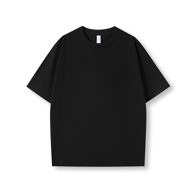 A black oversized t-shirt made from 230gsm 100% organic cotton, featuring a logo on the label.