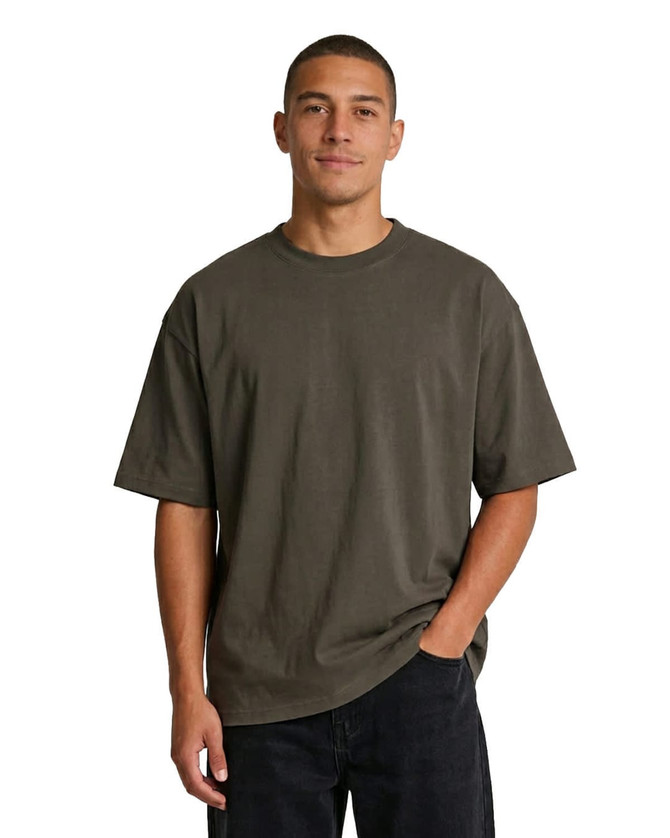 An olive green oversized T-shirt made from 100% organic cotton with a logo.