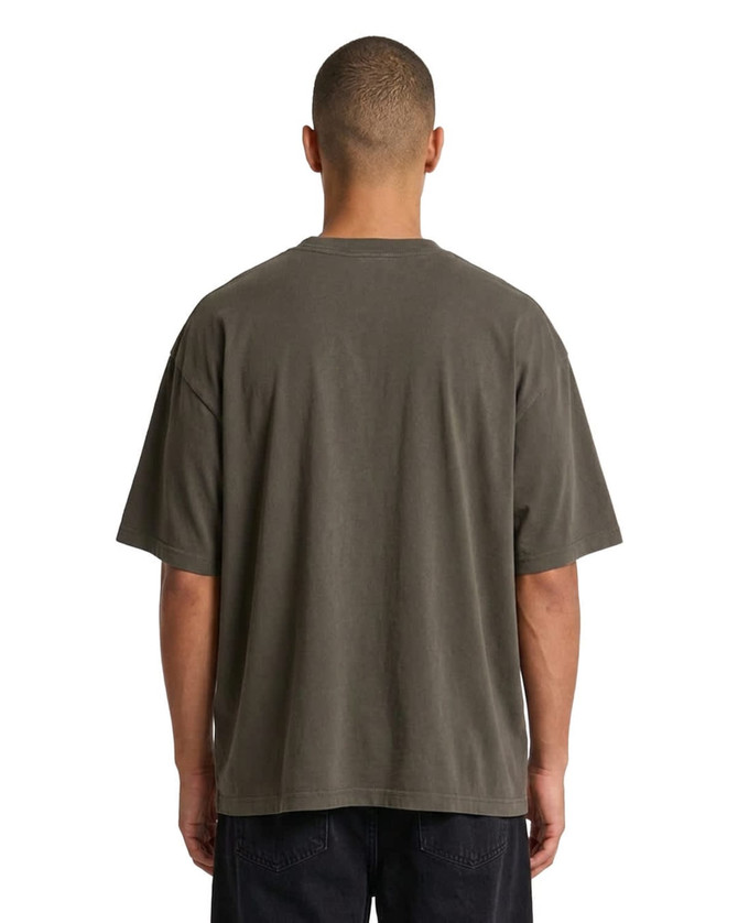 An organic cotton oversized T-shirt in faded olive green, featuring a simple design and a relaxed fit.
