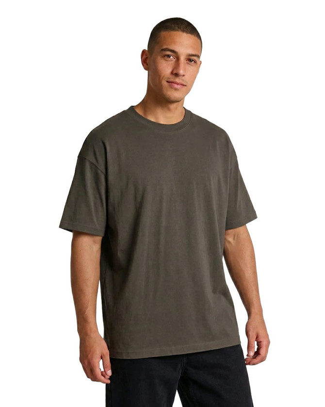 An oversize, faded T-shirt in dark olive green made from 230gsm 100% organic cotton. It features a logo on the front.