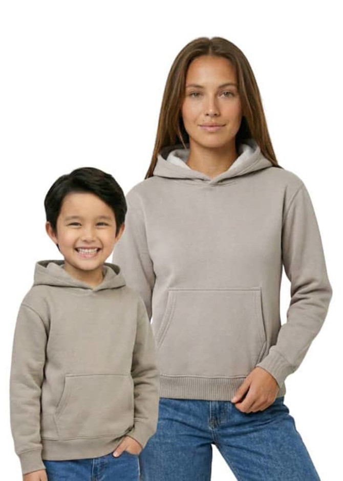 A beige hoodie is displayed on both an adult and a child. Both have kangaroo pockets and hoods. The image features a logo.