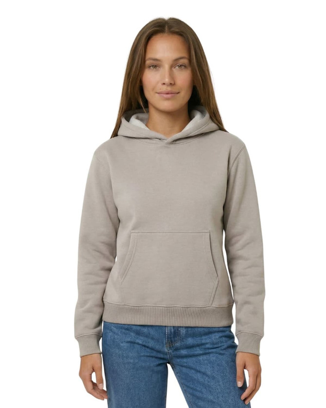 A women's juniors kangaroo pocket hoodie in a light grey colour, featuring a hood and long sleeves. It has a logo.