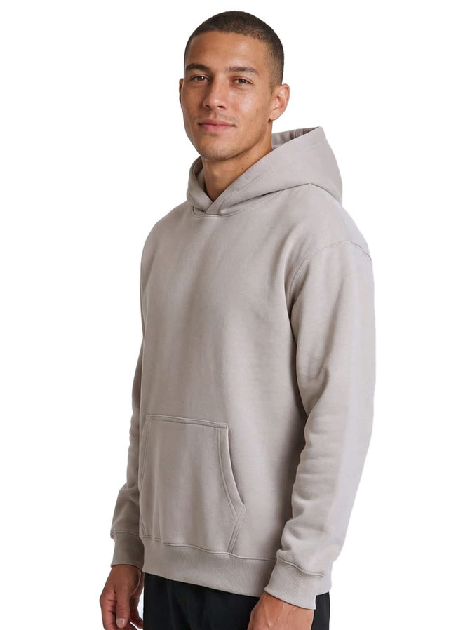 A light grey hoodie with a kangaroo pocket and hood, worn by a man standing sideways. Features a logo on the chest.