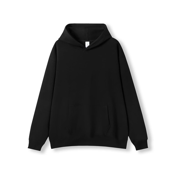 A black men's hoodie featuring a kangaroo pocket and a hood, with a label in the neckline. It has long sleeves.