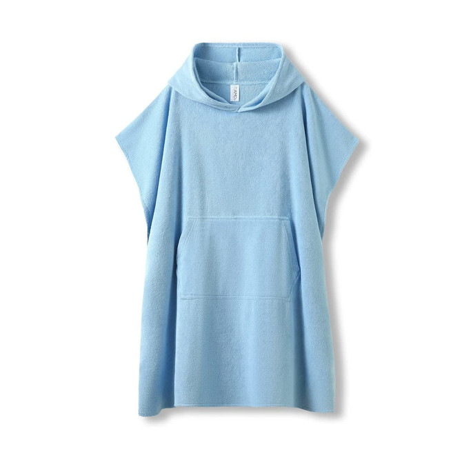 A light blue hooded towel made from 100% cotton, featuring a kangaroo pocket and a soft, absorbent design.