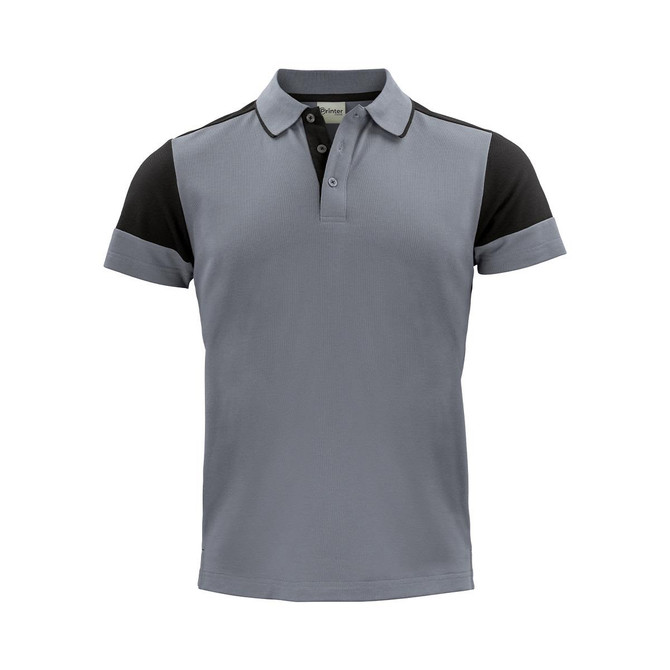A polo shirt with a grey body and black sleeves, featuring a collar and button placket. It has a logo on it.
