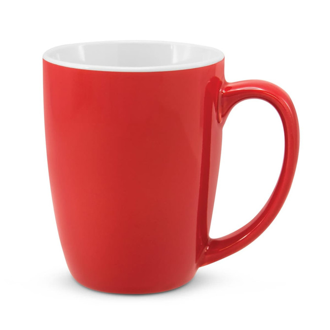 A red coffee mug with a glossy finish and a white interior.