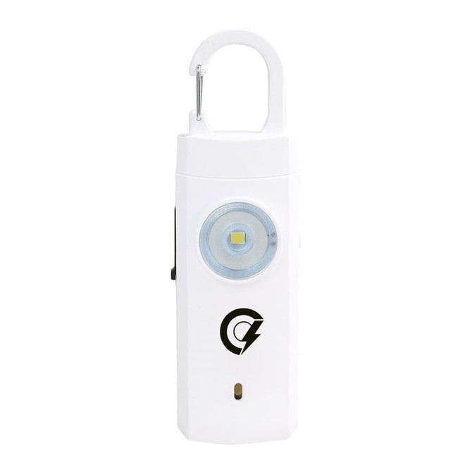 A white safety alarm keychain featuring a round light and a carabiner clip, with a logo on the front.
