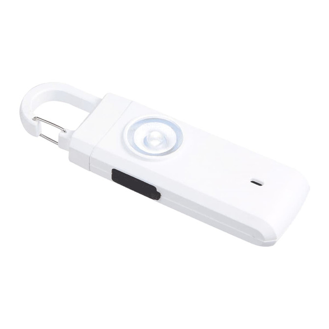A white safety alarm keychain with a round button and a clip for attachment. It features a small speaker area.